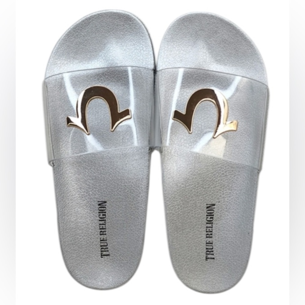 True religion clear top slip on sandals slides silver with gold logo